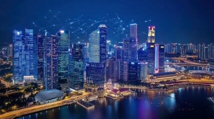 Night View of Modern Cityscape with Digital Network Connections