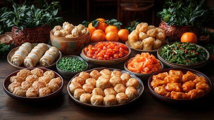 Fototapeta premium Festive display of traditional snacks and fruits arranged on a wooden table for celebration