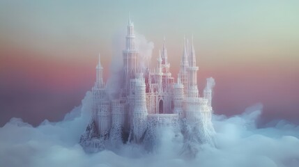 enchanted castle surrounded by mist, with delicate towers and magical elements, capturing a fairytale world of fantasy and adventure.