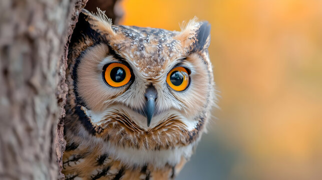 Owl peering from tree hollow, autumn background, wildlife photography