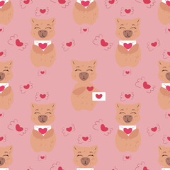 Seamless pattern featuring adorable capybaras holding love letters with heart symbols. Perfect for Valentine's Day, romantic designs, greeting cards, wrapping paper, textiles