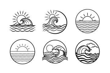 Ocean Wave Sun Icons Minimalist Line Art Designs Set