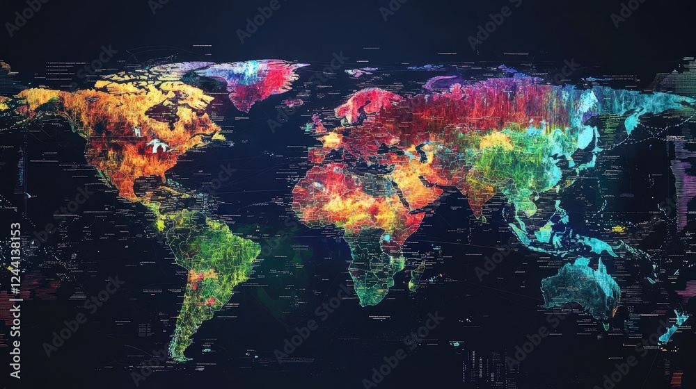 Wall mural a digital map showing data trends in different regions, highlighting areas of interest such as popul