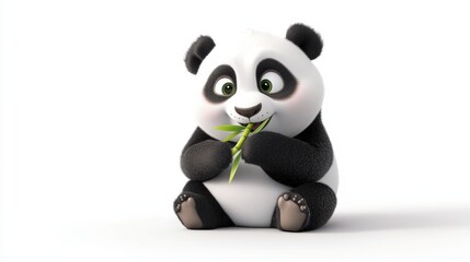 Obraz premium Cute cartoon panda character happily eating bamboo plant snack
