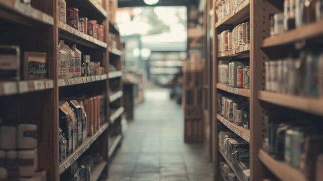 Narrow aisle in vintage grocery store