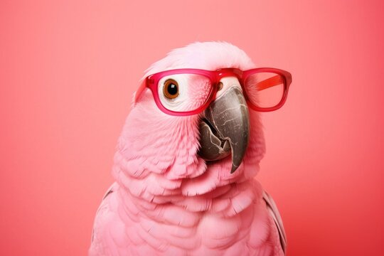 Pink cockatoo parrot wearing red glasses on coral background with copy space. Funny smart bird portrait for World Animal Day, Pet Day, Valentine's Day and Bird Day. Creative concept for optical store
