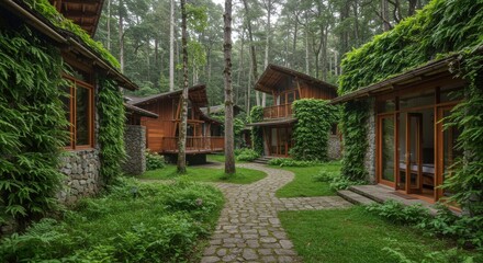 Eco-friendly cabin retreat surrounded by lush green forest and rustic stone pathways
