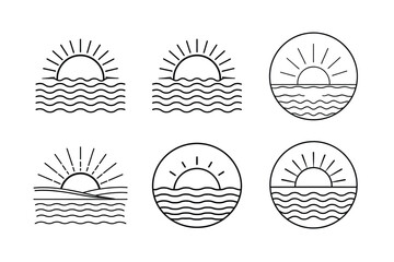 Sunrise Ocean Sunset Minimalist Line Art Icon Set Design