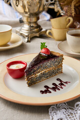 Elegant Makowy Cake with Chocolate and Rich Detail in Warm Tones