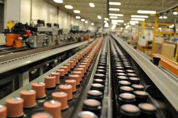 Obraz premium Automated Factory Conveyor Belt With Rows Of Products