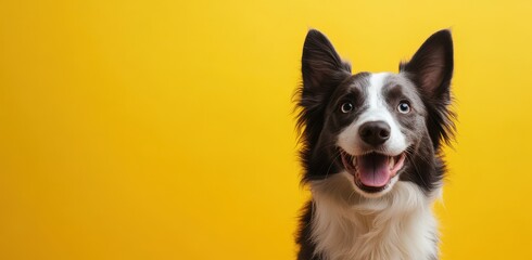 Fototapeta premium Happy Border Collie Dog Portrait Against Bright Yellow Background with Cheerful Expression and Playful Attitude Suitable for Pet Lovers and Animal Enthusiasts