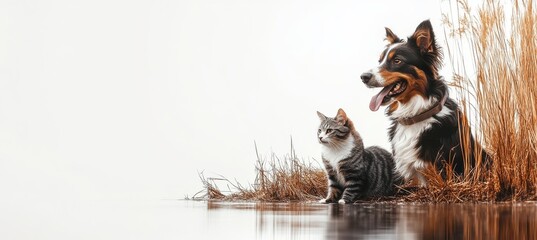 Obraz premium Happy cat and dog sitting together by a tranquil lake surrounded by tall grass, showcasing friendship and companionship in nature
