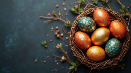 Colorful easter eggs with golden pattern in nest on dark stone background, top view