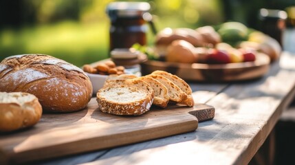Rustic outdoor breakfast; bread, pastries, fruit