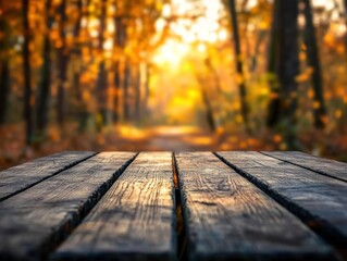 Fototapeta premium Empty wooden picnic table in autumn forest.