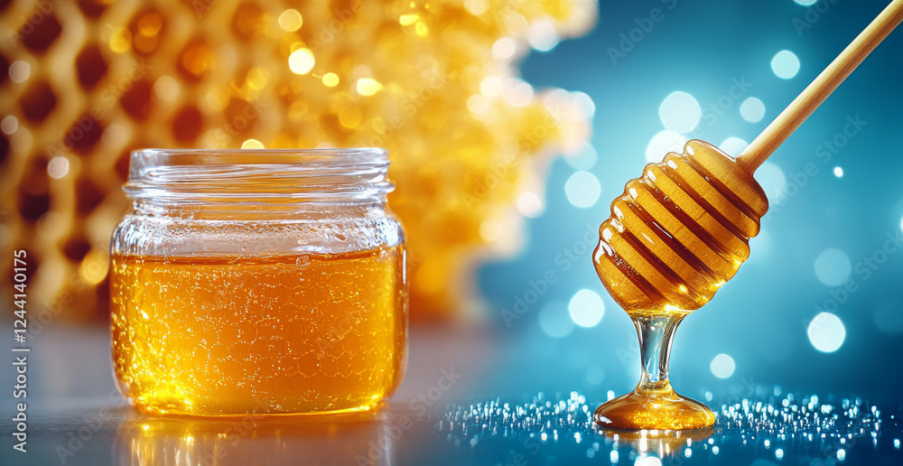 Poster a jar of organic honey sits on a surface with a honey dipper drizzling golden liquid into it. behind