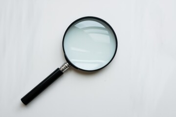 A black-handled magnifying glass rests on a white surface, ready for detailed examination.