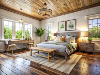 Fototapeta premium White walls and hardwood floors create a calming backdrop for natural wood furniture in this rustic modern farmhouse bedroom.
