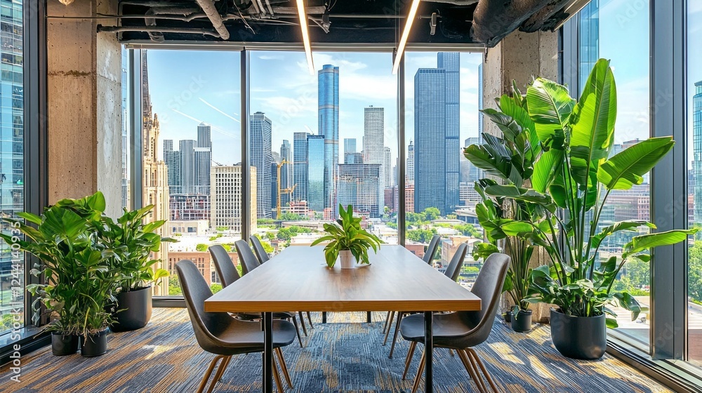 Poster a spacious conference area features a long wooden table surrounded by sleek chairs, illuminated by n