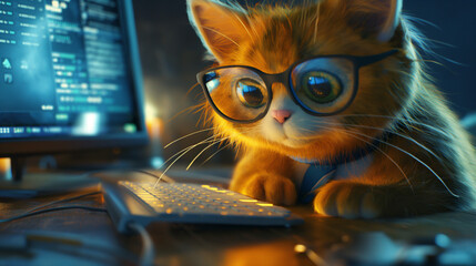 Smart-looking ginger cat in round glasses in a futuristic workspace with blue lights. Humorous tech pet theme for AI, innovation, and remote work.