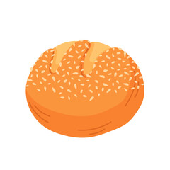 Turkish stuffed bun for breakfast in cartoon. Traditional Turkey pogaca with sesame. Oriental bakery, fresh pastry, baked goods with seeds sprinkles for breakfast menu.