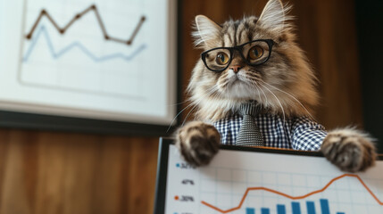 Confident fluffy cat wearing glasses and a checkered shirt giving a business presentation with graphs in the background. Humorous corporate pet theme for finance, leadership, and data analysis concept