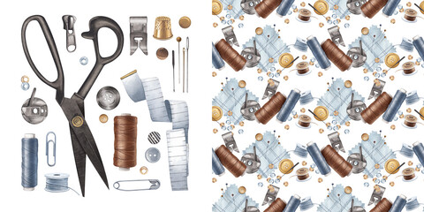 Sewing items watercolor illustration. Seamless pattern from threads buttons and fabric scraps. Set of tools of a seamstress tailor. Accessories of a sewing machine with spools scissors