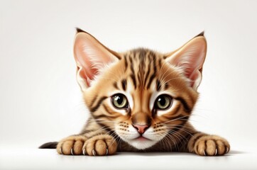 Obraz premium Cute adorable domestic curious cat kitten animal with its paws peeking over a white surface, photorealistic illustration on isolated background texture design. 