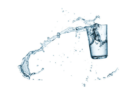 Blue cold water glass splash on white background, studio shot