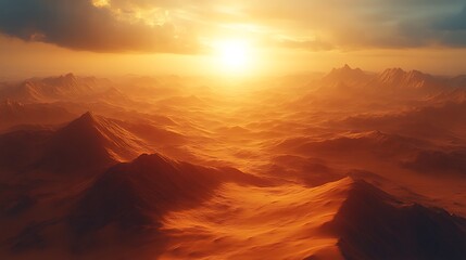 Naklejka premium Sunset Over Martian Mountains A Fiery Landscape