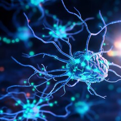 Obraz premium Fluorescent visualization of synaptic connections glowing in blue and green, detailed brain research art