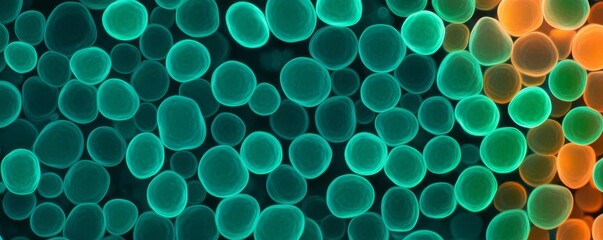 Fluorescent-stained algae cells glowing in green and orange, high-resolution microscopy focus