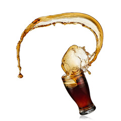 Glass with cola splash on white background, studio shot