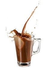Hot chocolate drink splash in a glass on white background, studio shot
