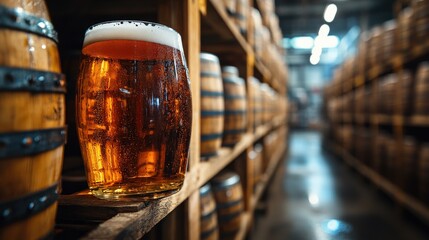 A frothy glass of beer sits on a wooden shelf amidst aging barrels in a brewery