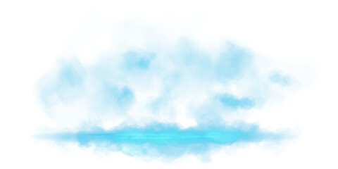 Blue stage with smoke and particle saw light on the floor. Neon light. Empty blue stage and studio room with floating smoke. For product demonstrations. PNG.