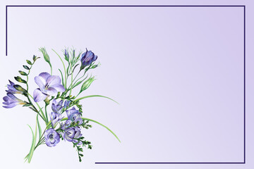 Blue delicate background with frame and bouquet of blue flowers. Watercolor illustration for creating postcard, greeting, invitation.