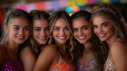Fototapeta premium Group of smiling friends posing at prom in colorful dresses