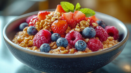 Colorful bowl of granola topped with fresh berries and mint leaves for a healthy breakfast