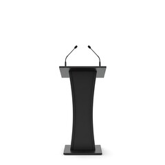 Empty podium with microphone isolated, wooden speech stage platform, conference presentation stand with rostrum design
