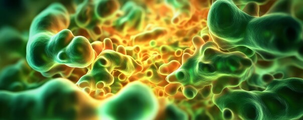 Glowing fluorescent biofilm forming unique patterns in green and yellow, microbiology visualization