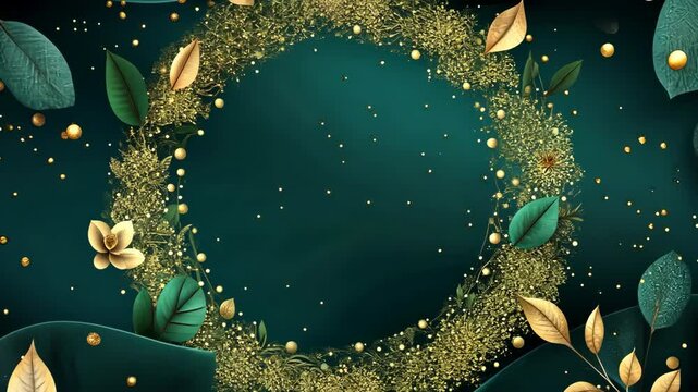 Lush green background with gold leafy plants and gold stars scattered throughout. The plants are arranged in a way that creates a sense of depth and dimension