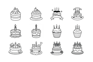 Delicious Birthday Cakes Twelve Line Art Designs for Celebrations