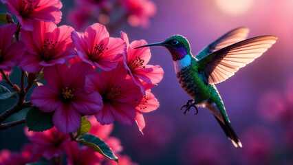 Obraz premium A hummingbird hovers near bright pink flowers