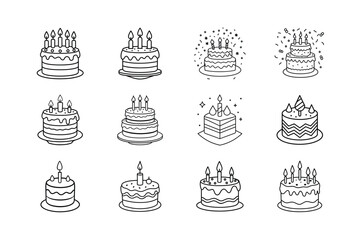 Twelve Delicious Birthday Cake Illustrations Simple Line Art Designs