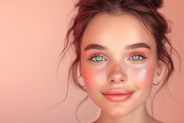 Fototapeta premium Cheerful young woman with peach-toned makeup and glowing skin smiling on soft coral background, close-up beauty portrait for skincare campaign or natural cosmetic promotion