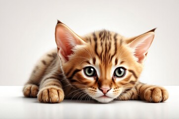 Obraz premium Cute adorable domestic curious cat kitten animal with its paws peeking over a white surface, photorealistic illustration on isolated background texture design. 