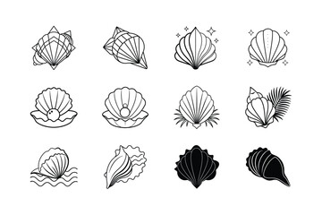 Seashells, Ocean, Shell Icons, Line Art, Pearl, Vector Graphics, Summer, Beach, Design Elements, Coa