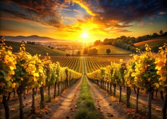 Naklejka premium Wine country sunset: bokeh-filled photography captures the vineyard's golden hour glow.