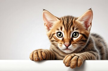 Fototapeta premium Cute adorable domestic curious cat kitten animal with its paws peeking over a white surface, photorealistic illustration on isolated background texture design. 